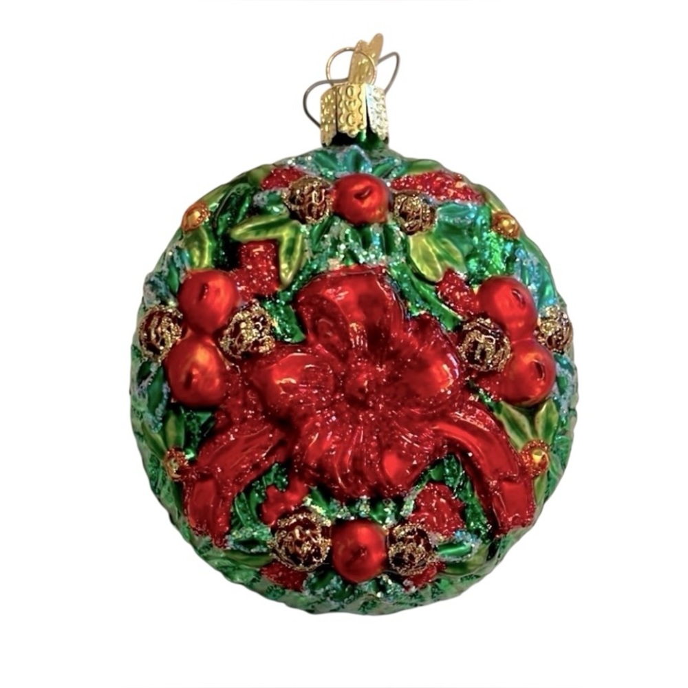 Vintage Old World Christmas Wreath Blown Glass Hand-painted Ornament